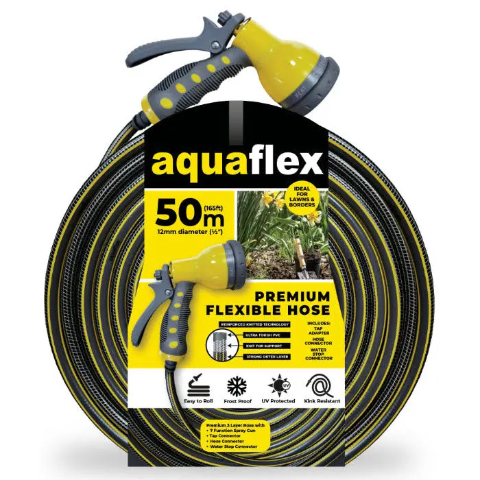 Aquaflex Premium 50-Metre Knitted Garden Hose With 7-Mode Spray Nozzle 1